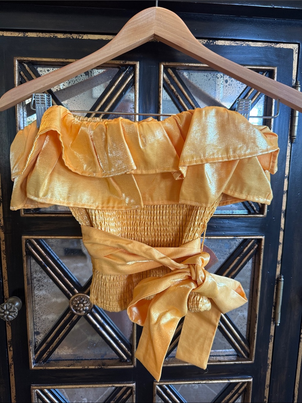 Lovers + Friends Shimmery Mustard Yellow Ruffle Crop Top